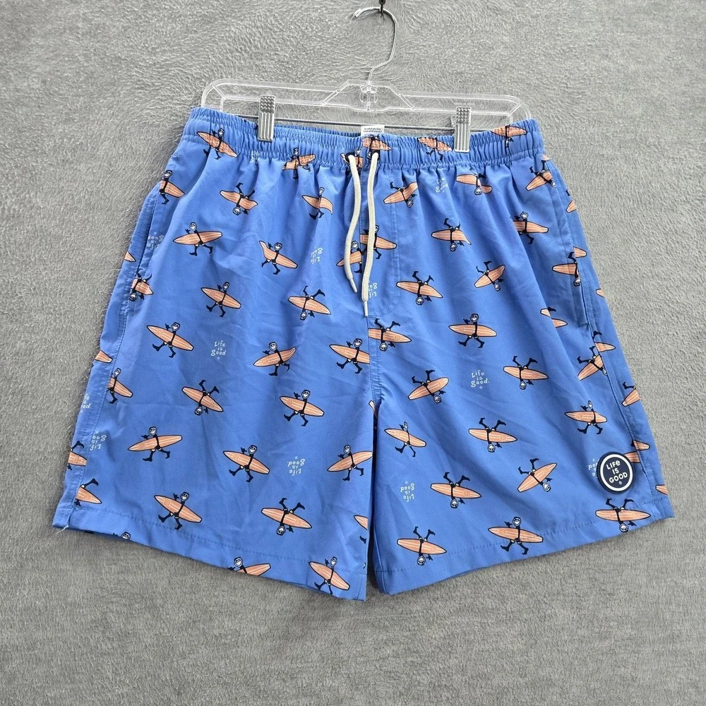 Life Is Good Men Swimwear M Blue Orange Swim Trunks Graphic Print Drawstring‎